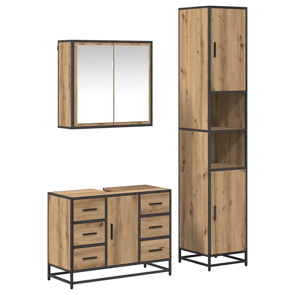Badkamermeubelset 3 Pcs Artisanaal Eikenkleurig Bewerkt Hout