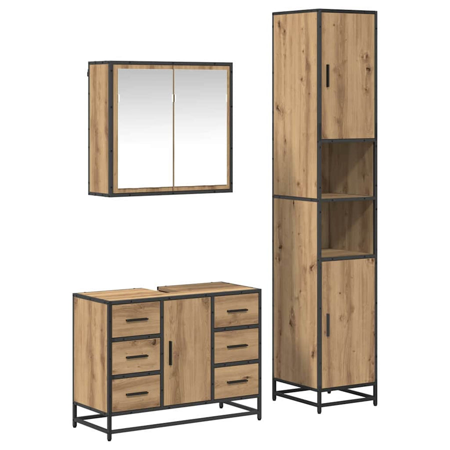 Badkamermeubelset 3 Pcs Artisanaal Eikenkleurig Bewerkt Hout