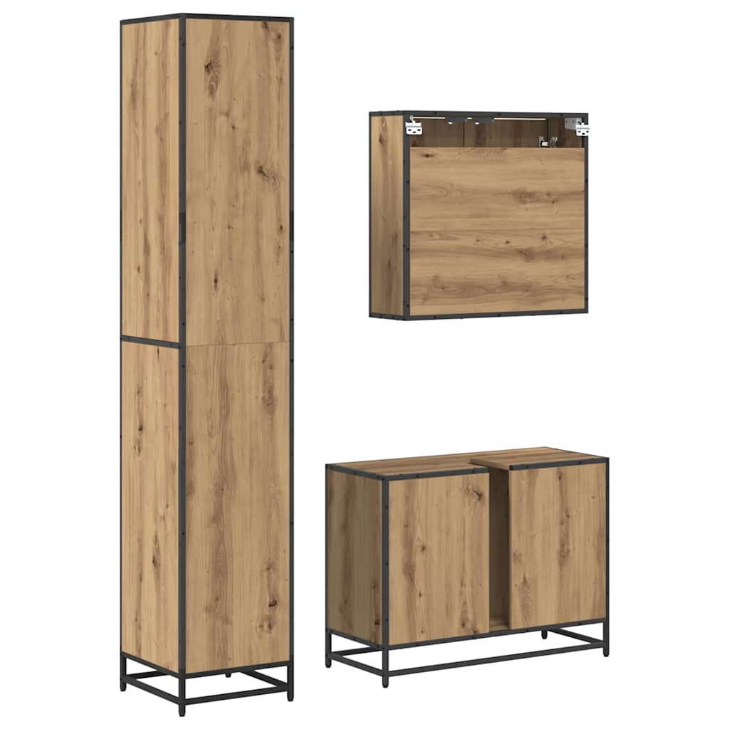 Badkamermeubelset 3 Pcs Artisanaal Eikenkleurig Bewerkt Hout