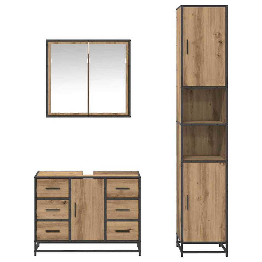 Badkamermeubelset 3 Pcs Artisanaal Eikenkleurig Bewerkt Hout