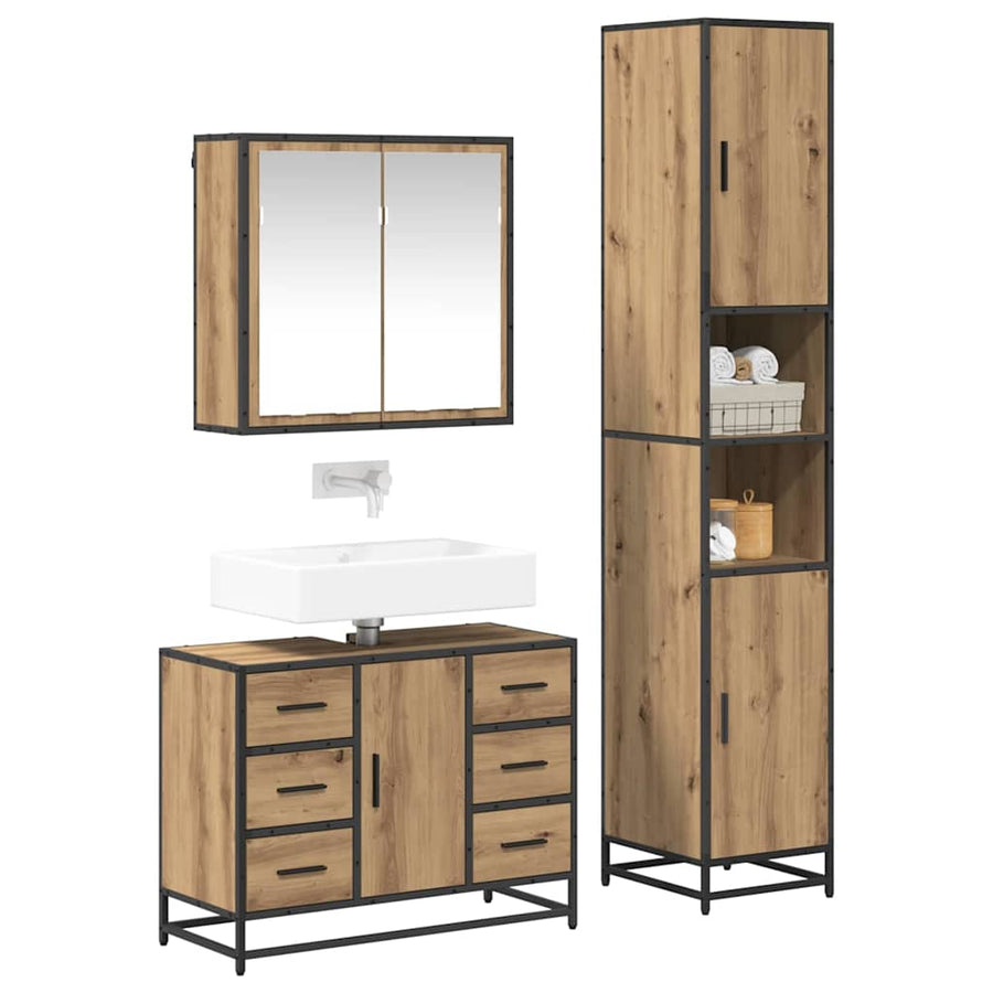 Badkamermeubelset 3 Pcs Artisanaal Eikenkleurig Bewerkt Hout