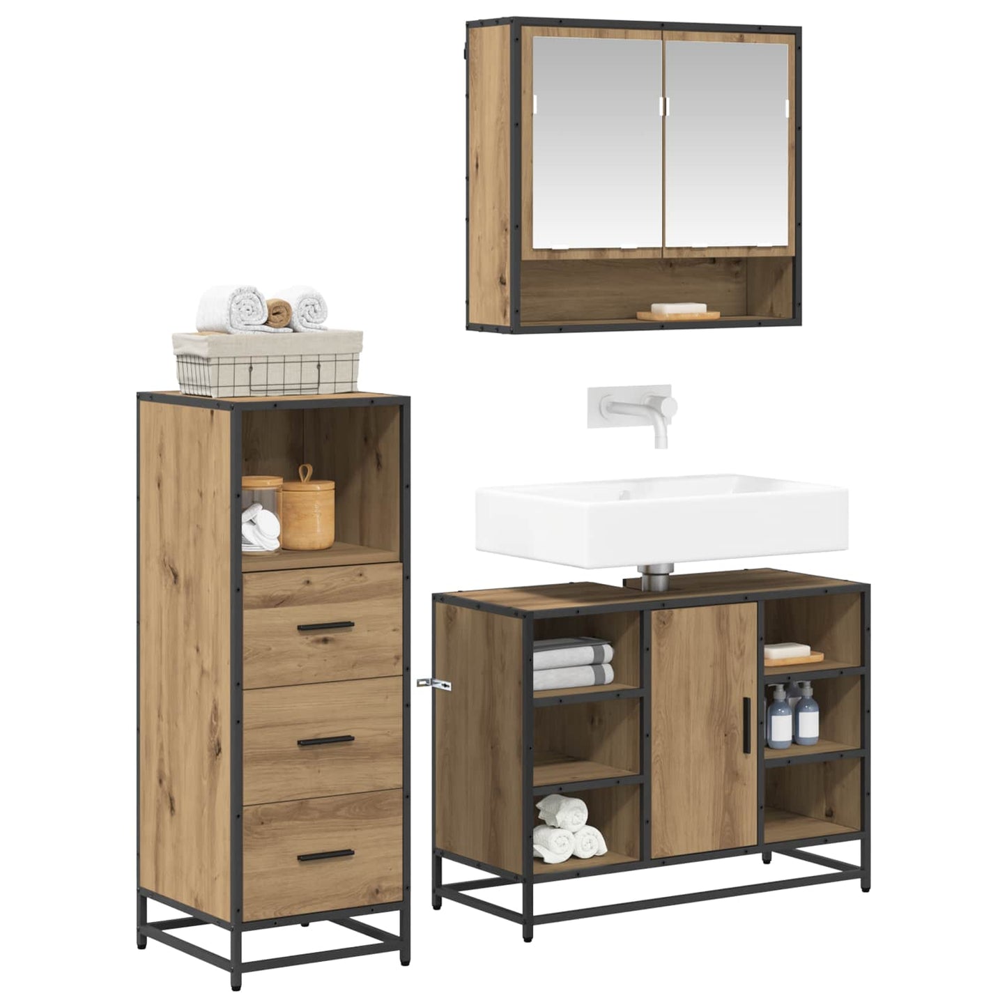 Badkamermeubelset met lade 3 pcs Artisan Eiken Bewerkt hout