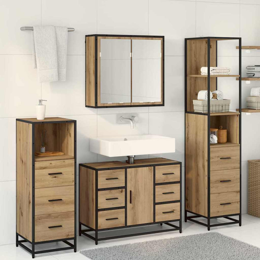 Badkamermeubelset 4 Pcs Artisanaal Eikenkleurig Bewerkt Hout