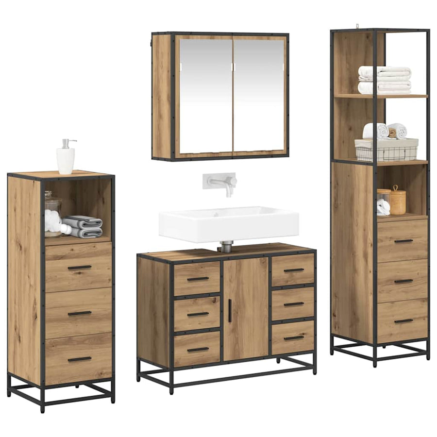 Badkamermeubelset 4 Pcs Artisanaal Eikenkleurig Bewerkt Hout