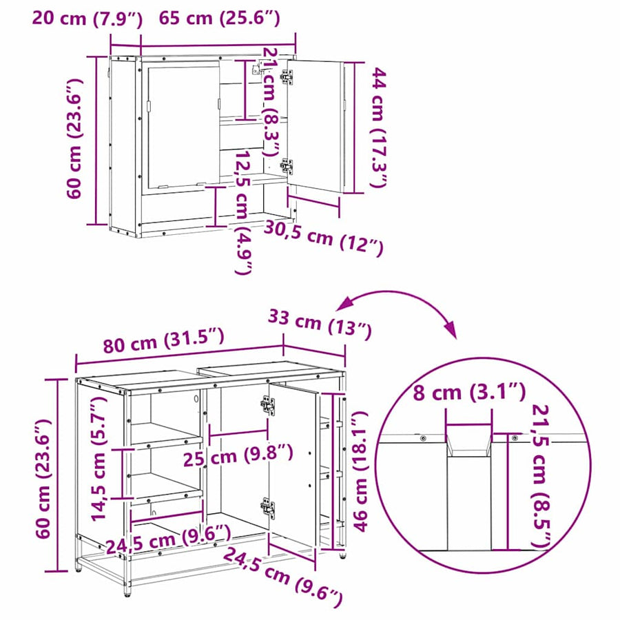 Badkamermeubelset met lade 3 pcs Oud hout 35 x 37,5 x 166 cm