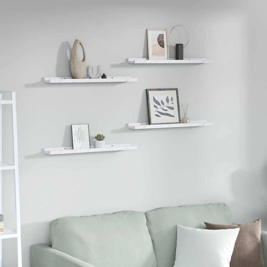 Wandplank met plank 4 pcs Wit Marmer 60 x 9 x 3 cm Bewerkt hout