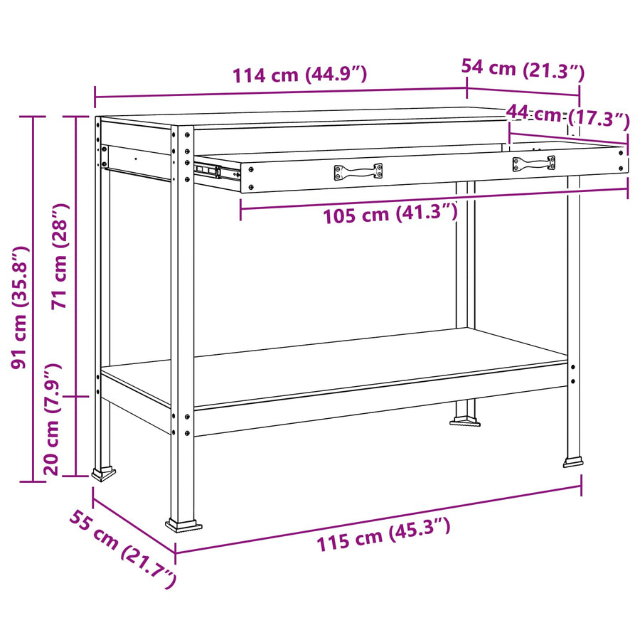 Werkbanken Zwart 81 X 41 X 145 Cm Bewerkt Hout 115 cm met lade
