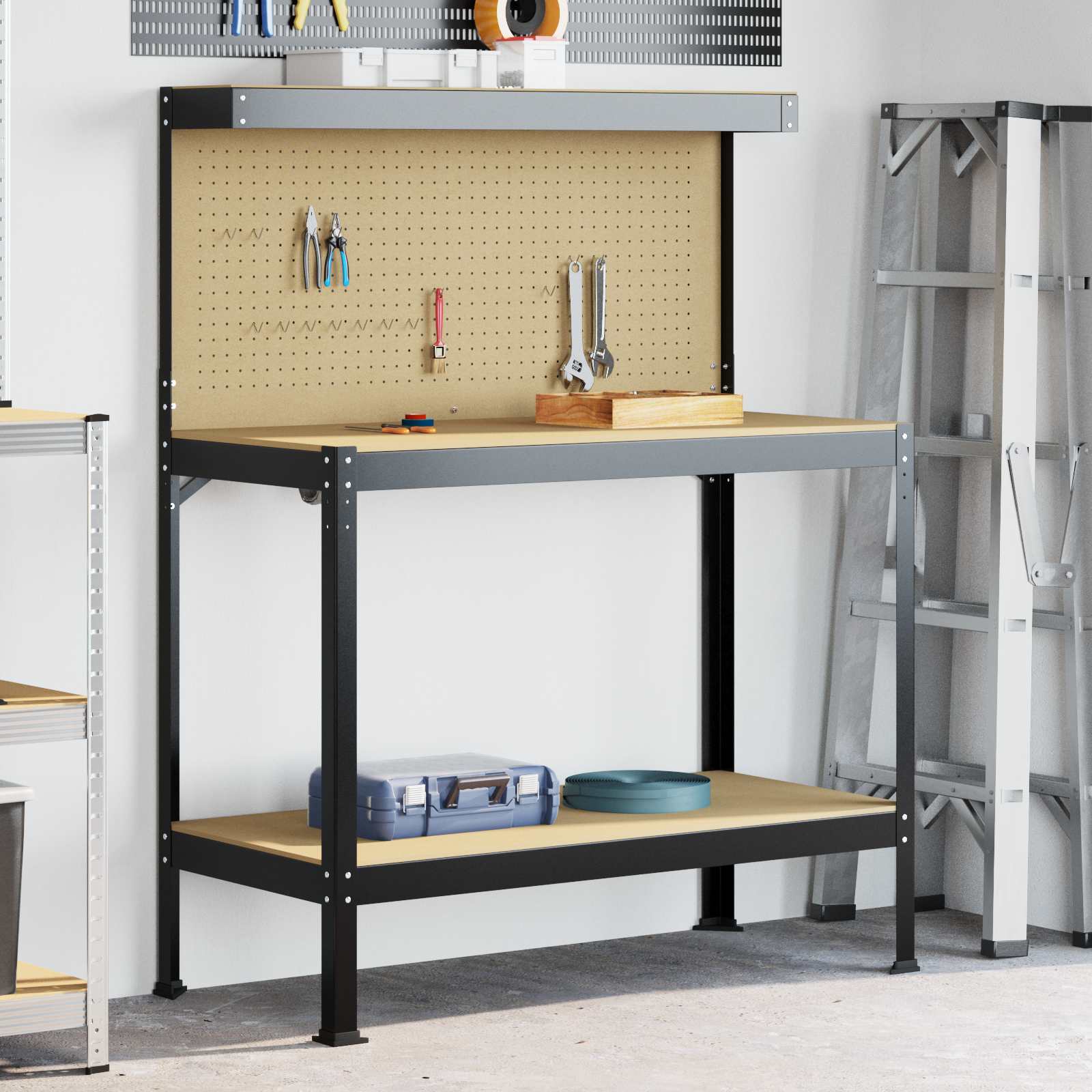 Werkbanken Met Plank Zwart 81 X 41 X 145 Cm Bewerkt Hout 115 cm met lade en pegboard