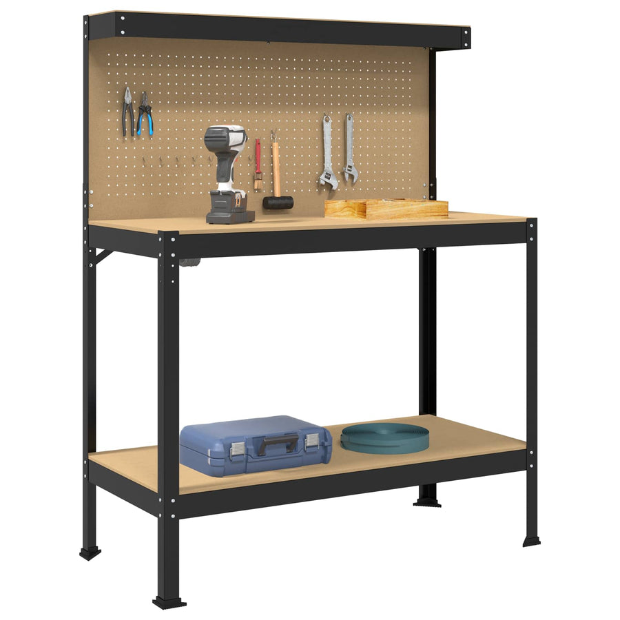 Werkbanken Met Plank Zwart 81 X 41 X 145 Cm Bewerkt Hout 115 cm met lade en pegboard