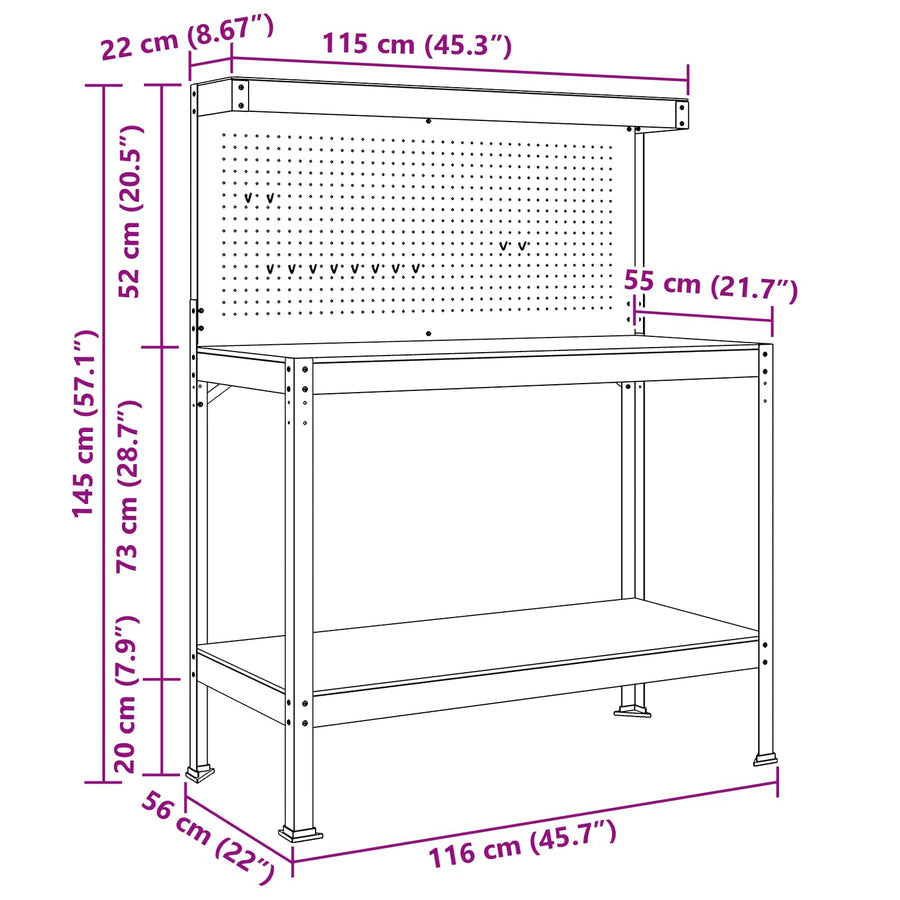 Werkbanken Met Plank Zwart 81 X 41 X 145 Cm Bewerkt Hout 115 cm met lade en pegboard