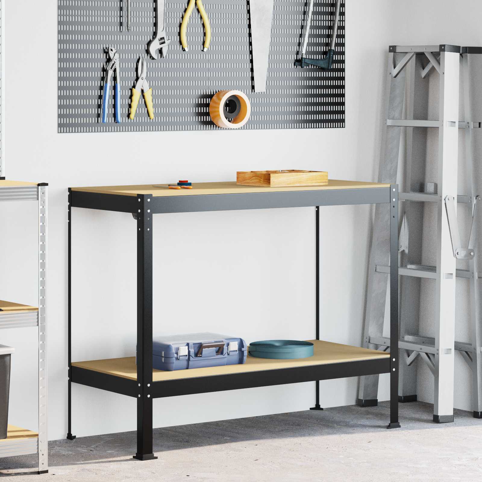 Werkbanken Met Plank Zwart 81 X 41 X 145 Cm Bewerkt Hout 115 cm met lade en pegboard