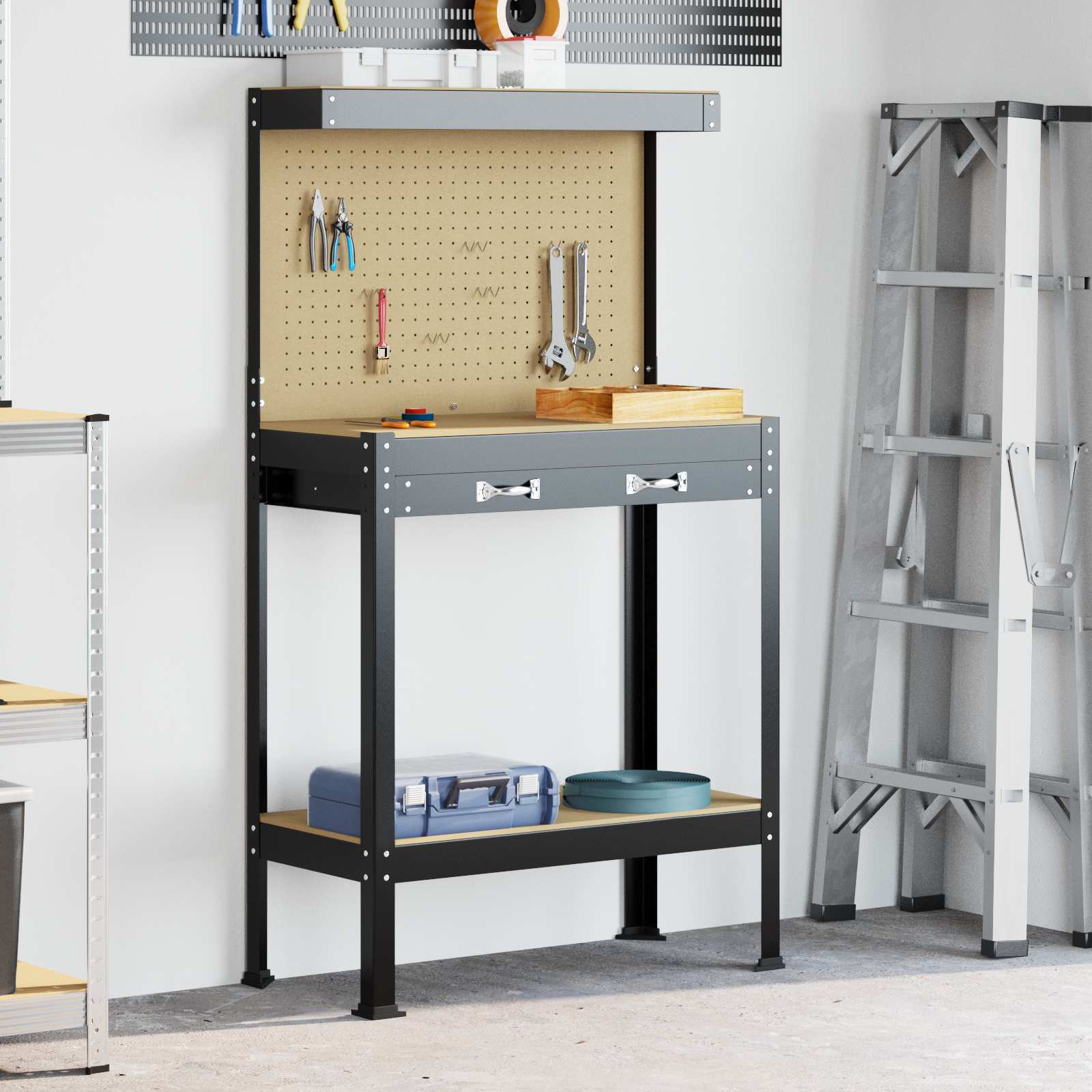 Werkbanken Met Lade Zwart 81 X 41 X 145 Cm Bewerkt Hout 80 cm met lade en pegboard