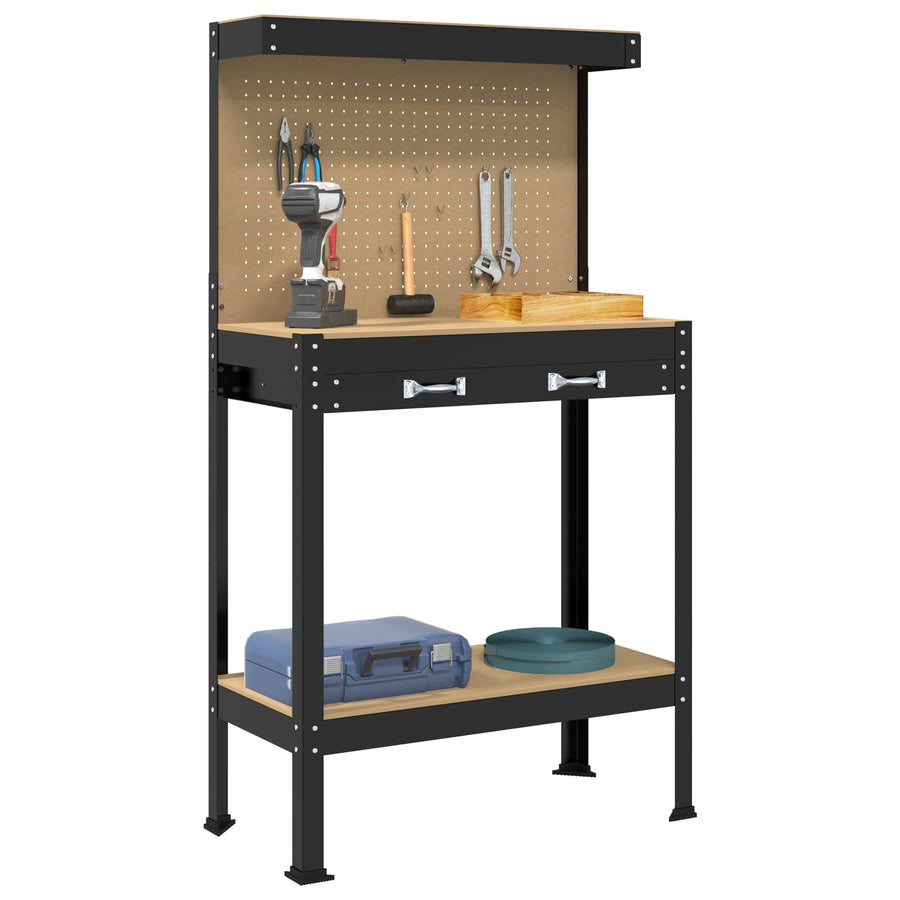 Werkbanken Met Lade Zwart 81 X 41 X 145 Cm Bewerkt Hout 80 cm met lade en pegboard