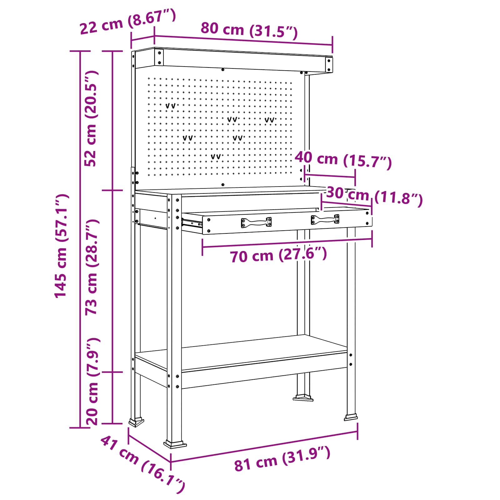 Werkbanken Met Lade Zwart 81 X 41 X 145 Cm Bewerkt Hout 80 cm met lade en pegboard