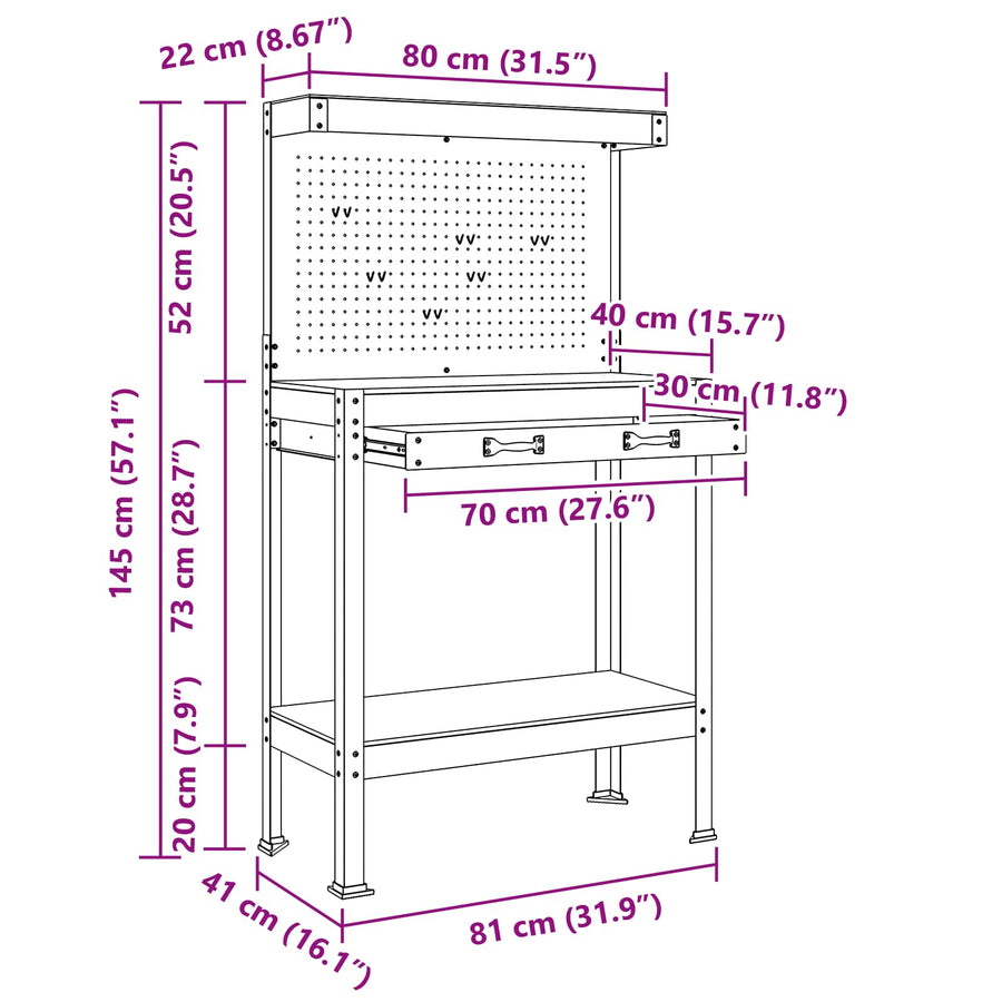 Werkbanken Met Lade Zwart 81 X 41 X 145 Cm Bewerkt Hout 80 cm met lade en pegboard