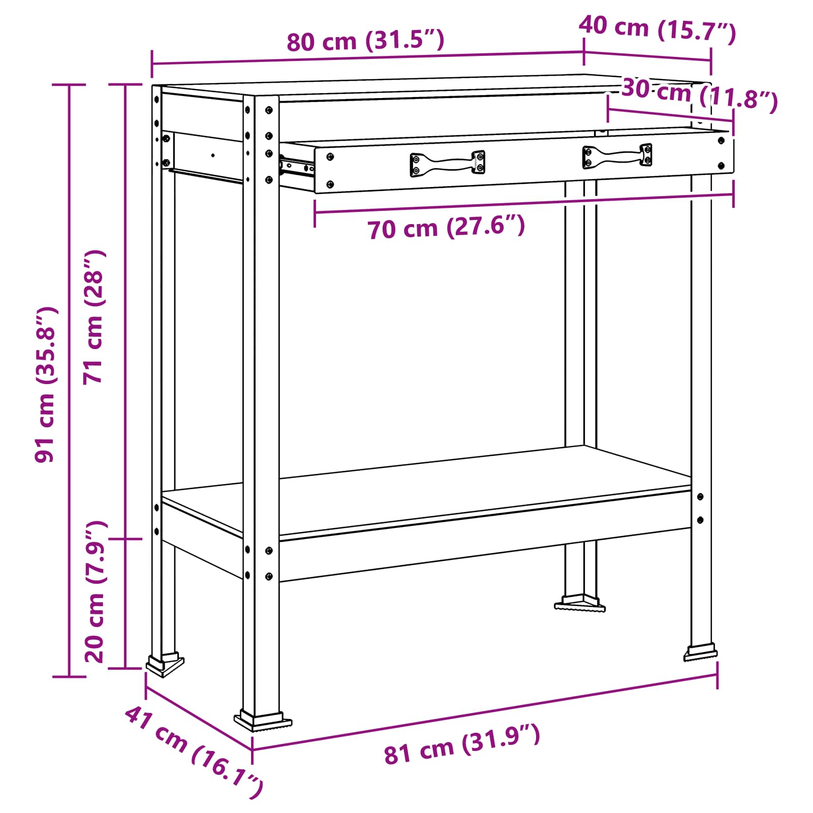 Werkbanken Zwart 81 X 41 X 145 Cm Bewerkt Hout 80 cm met lade