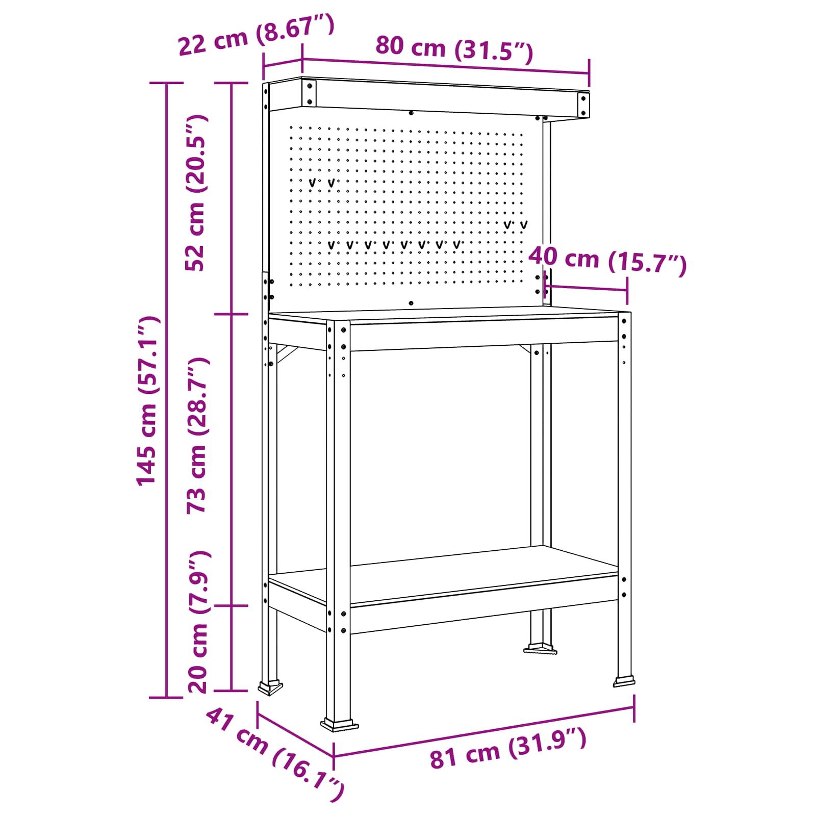 Werkbanken Met Plank Zwart 81 X 41 X 145 Cm Bewerkt Hout 80 cm met lade en pegboard