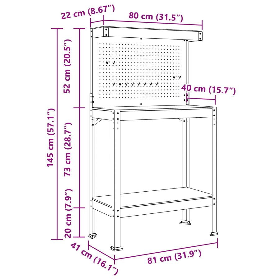 Werkbanken Met Plank Zwart 81 X 41 X 145 Cm Bewerkt Hout 80 cm met lade en pegboard
