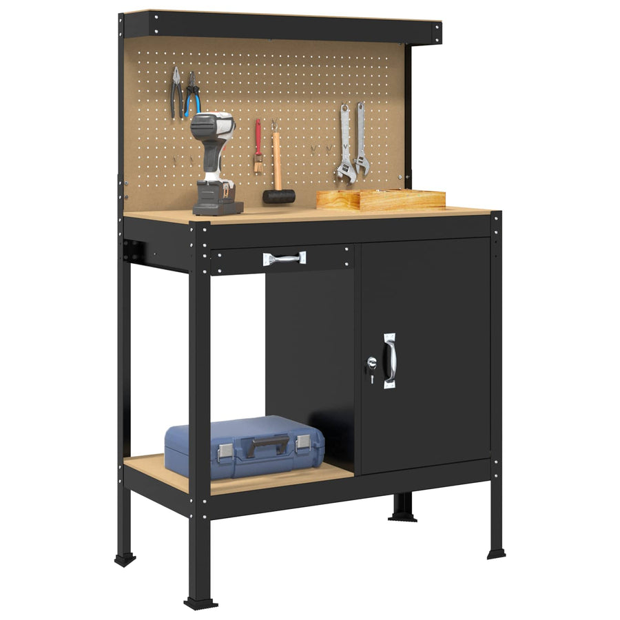Werkbanken Met Lade Zwart 81 X 41 X 145 Cm Bewerkt Hout 90 cm met lade en pegboard