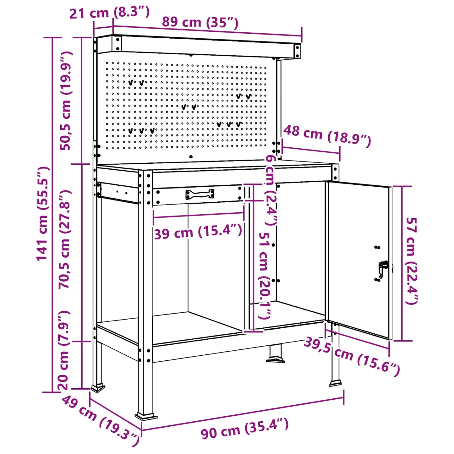 Werkbanken Met Lade Zwart 81 X 41 X 145 Cm Bewerkt Hout 90 cm met lade en pegboard
