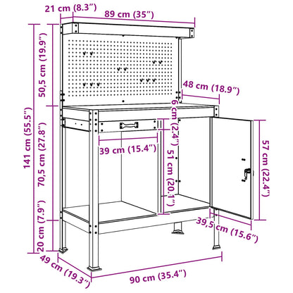 Werkbanken Met Lade Zwart 81 X 41 X 145 Cm Bewerkt Hout 90 cm met lade en pegboard