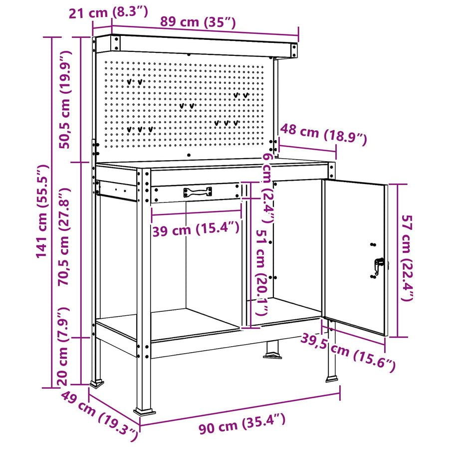 Werkbanken Met Lade Zwart 81 X 41 X 145 Cm Bewerkt Hout 90 cm met lade en pegboard
