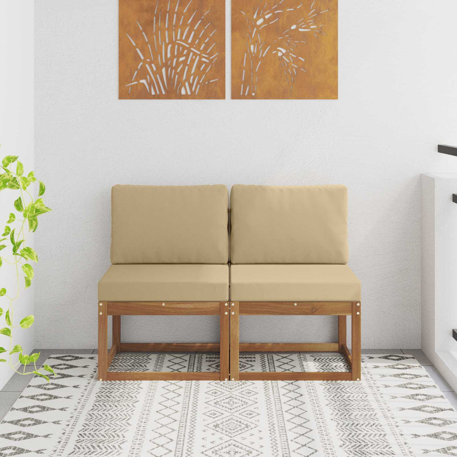 2 Stuk Buiten Midden Sofa Massief Acaciahout Naturel Natuurlijk en beige