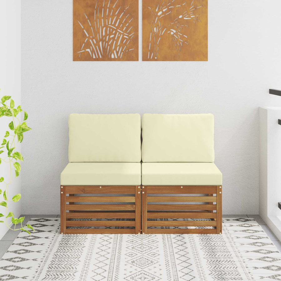 2 Stuk Buiten Midden Sofa Massief Acaciahout Naturel Natuurlijk en crème