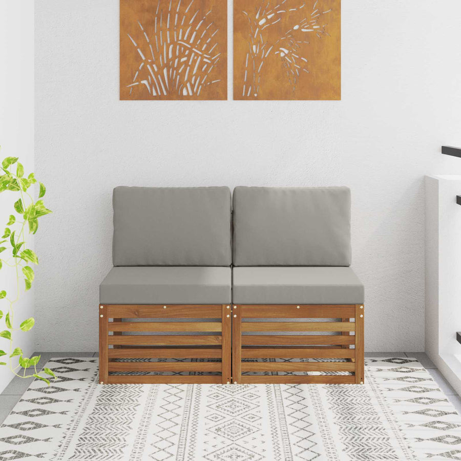 2 Stuk Buiten Midden Sofa Massief Acaciahout Naturel Natuurlijk en lichtgrijs