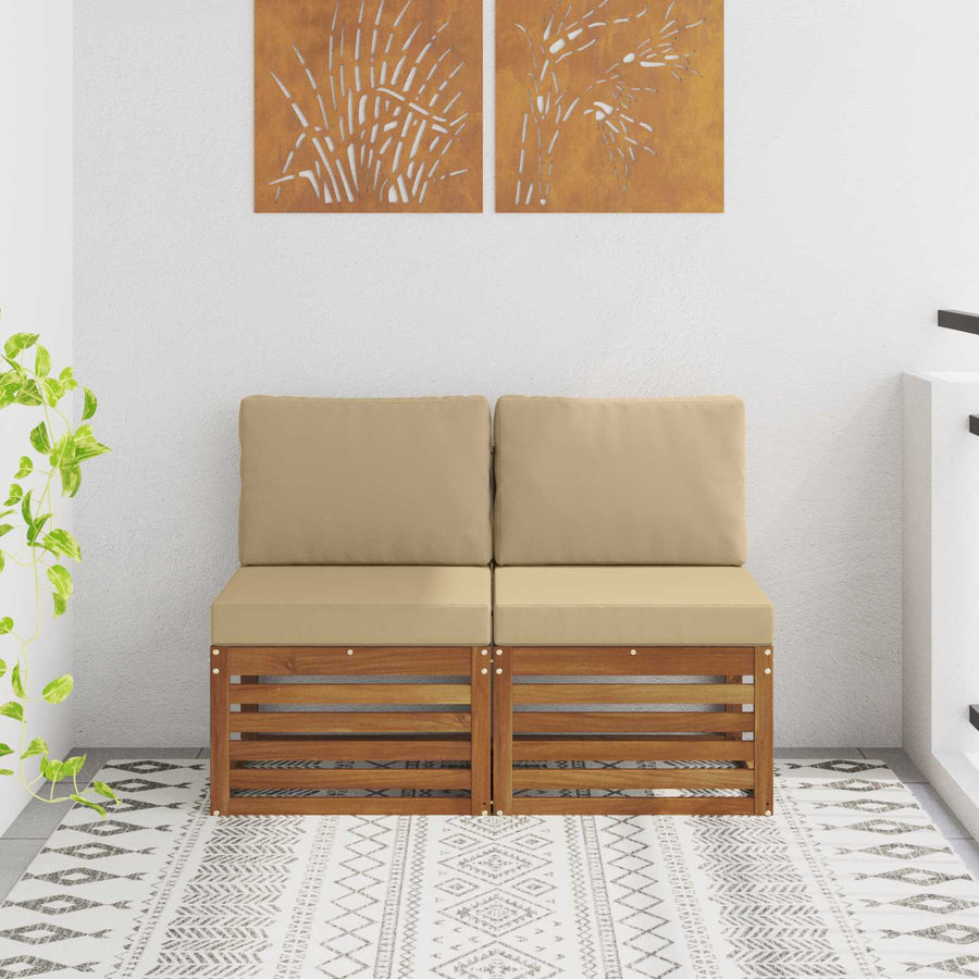 2 Stuk Buiten Midden Sofa Massief Acaciahout Naturel Natuurlijk en beige