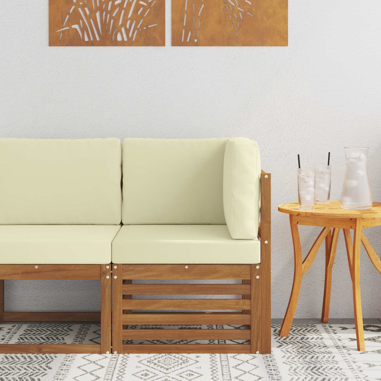 Buiten Hoek Sofa Massief Acaciahout Naturel Natuurlijk en crème