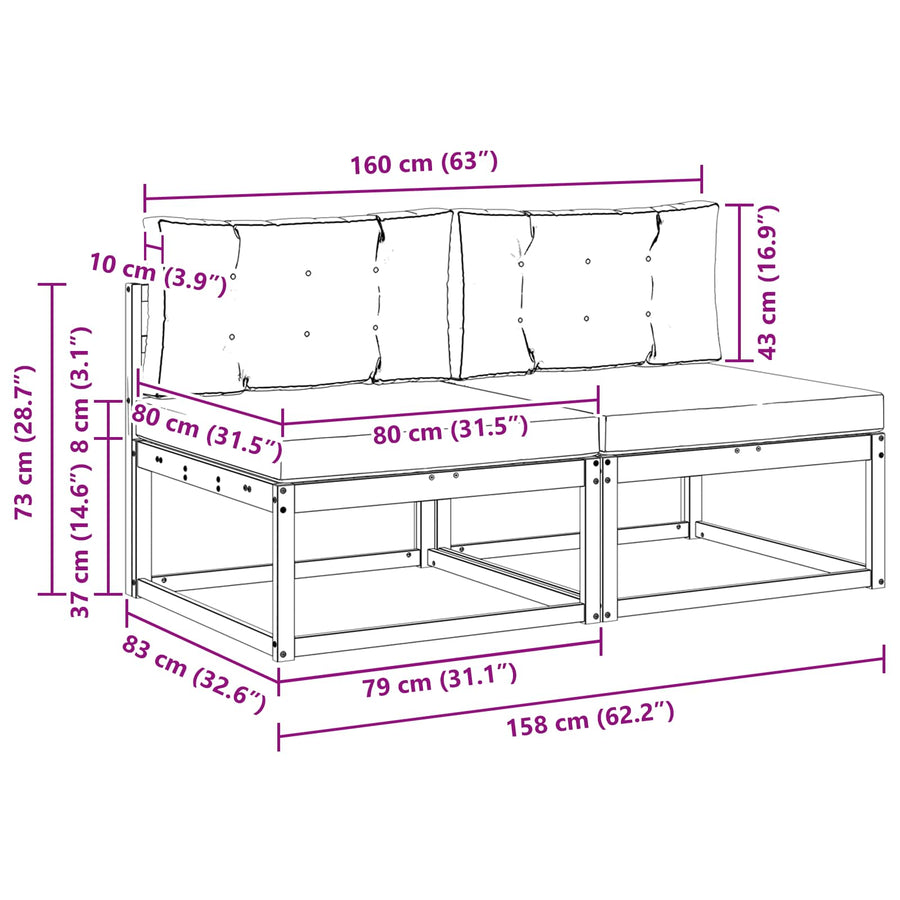Buiten Midden Sofa met kussen 2 Stuk Naturel Massief Acaciahout