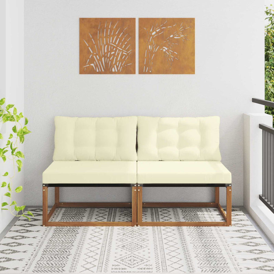 2 Stuk Buiten Midden Sofa Massief Acaciahout Naturel Natuurlijk en crème