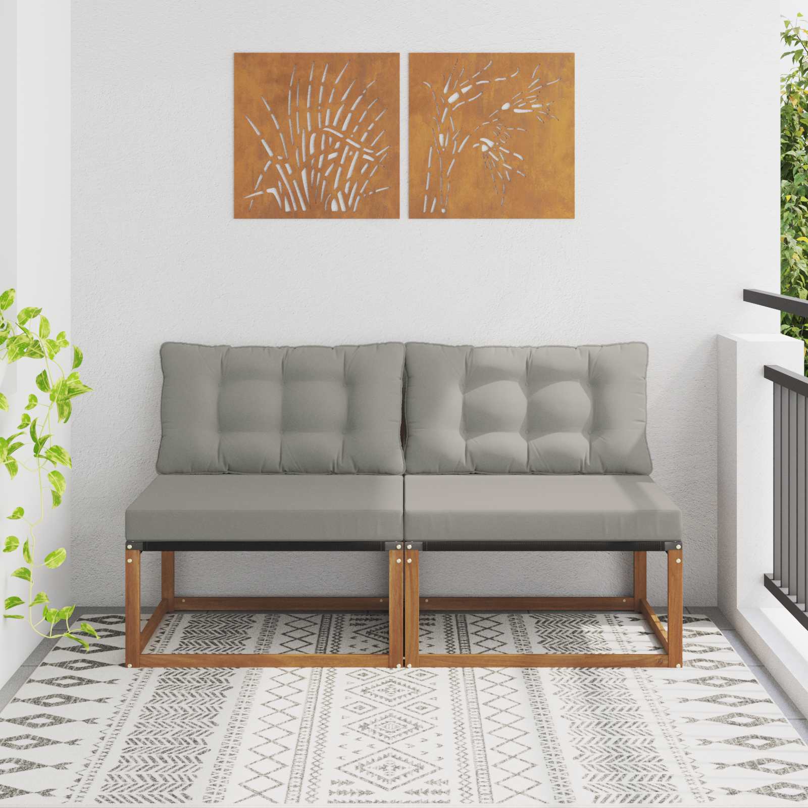 2 Stuk Buiten Midden Sofa Massief Acaciahout Naturel Natuurlijk en lichtgrijs