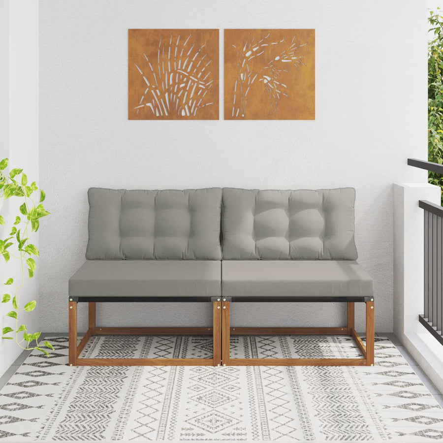 2 Stuk Buiten Midden Sofa Massief Acaciahout Naturel Natuurlijk en lichtgrijs
