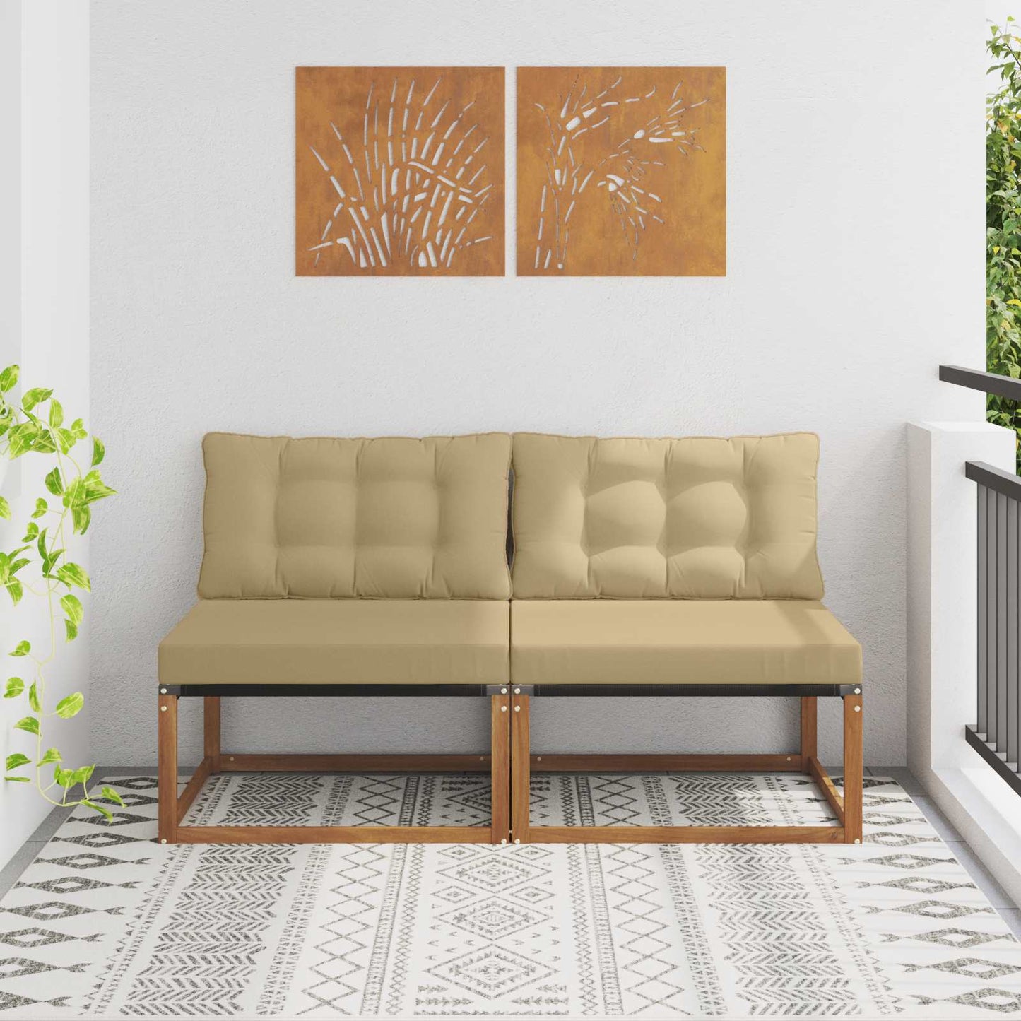2 Stuk Buiten Midden Sofa Massief Acaciahout Naturel Natuurlijk en beige