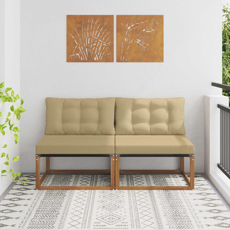 2 Stuk Buiten Midden Sofa Massief Acaciahout Naturel Natuurlijk en beige