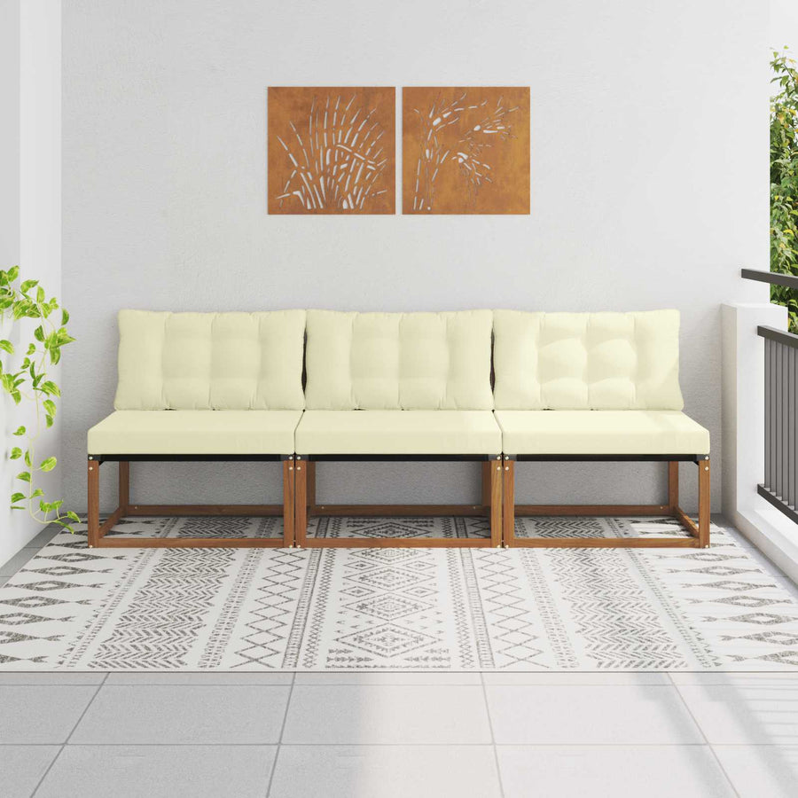 3 Stuk Buiten Midden Sofa Massief Acaciahout Naturel Natuurlijk en crème