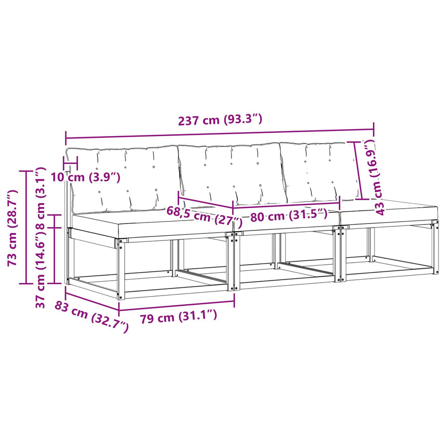 3 Stuk Buiten Midden Sofa Massief Acaciahout Naturel Natuurlijk en beige