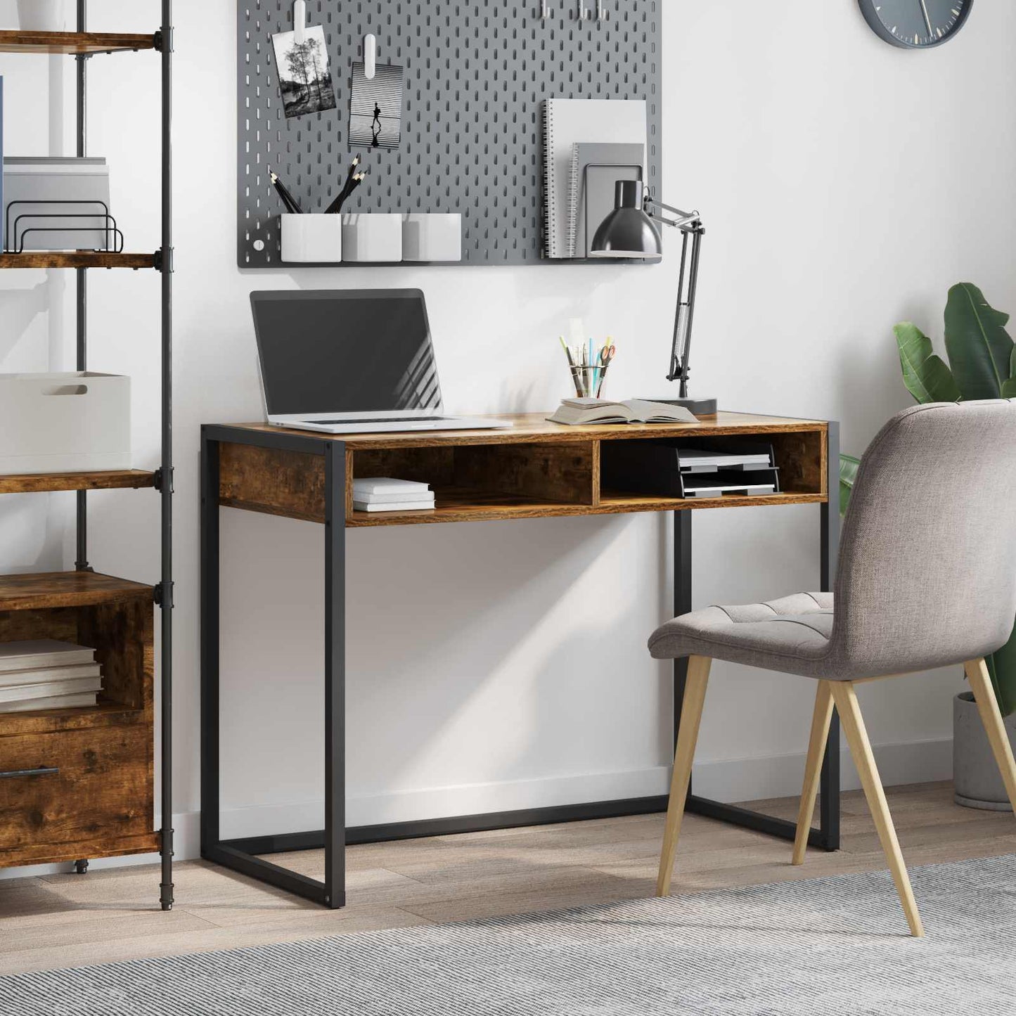 Bureau met opslag Rook Eik 100 x 50 x 75 cm Bewerkt hout