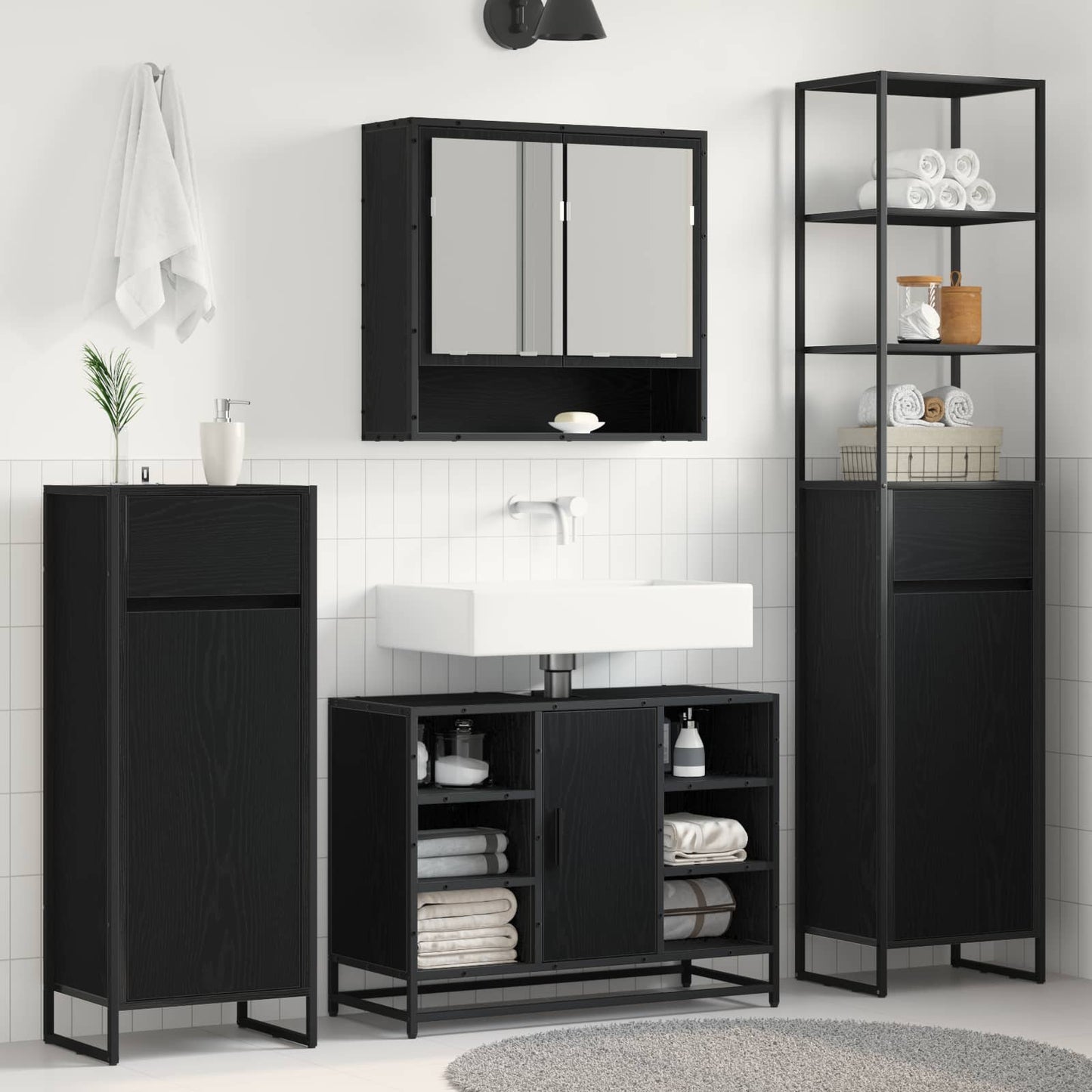 Badkamer Kast Zwart Eiken 40 x 30 x 180 cm Bewerkt hout