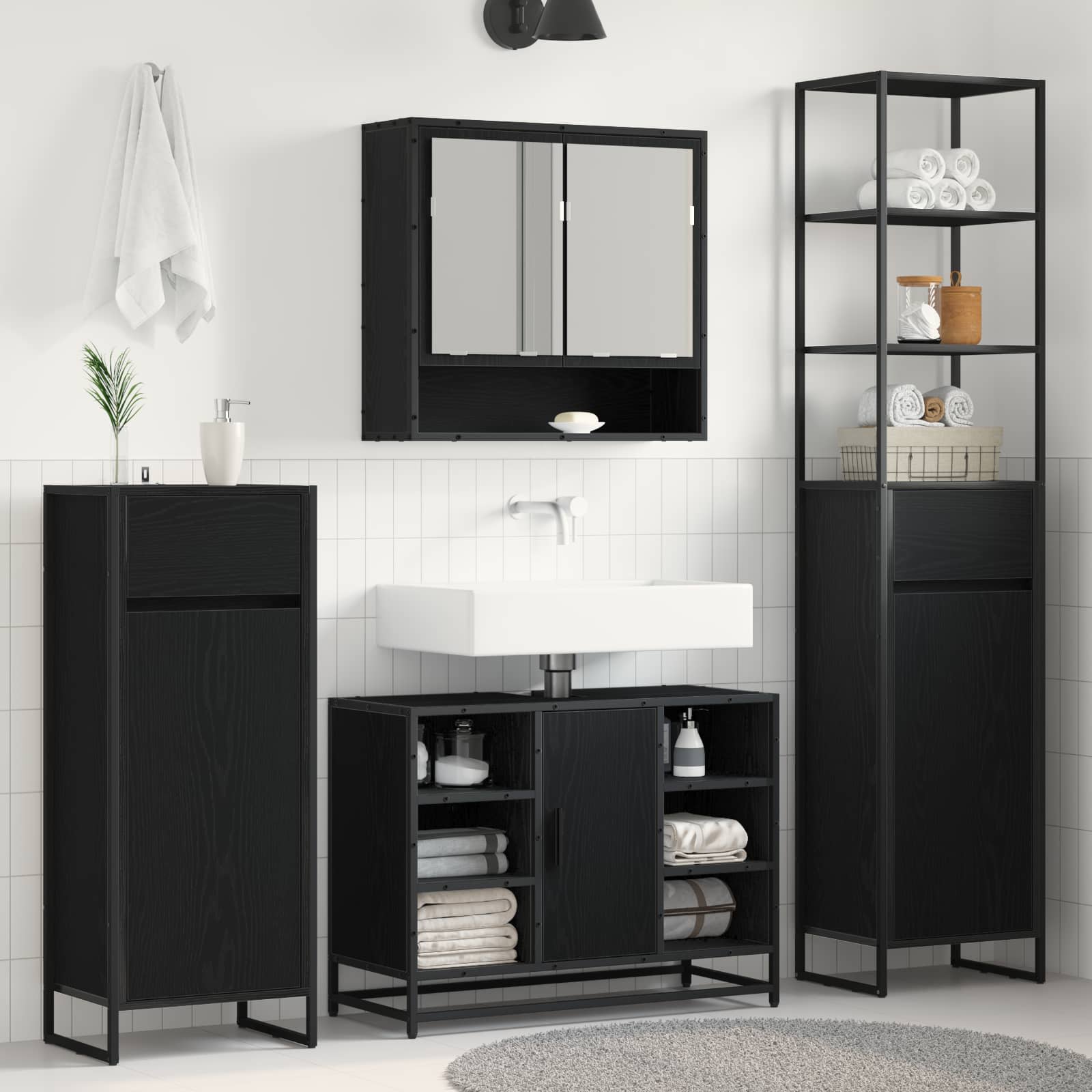 Badkamer Kast Zwart Eiken 40 x 30 x 180 cm Bewerkt hout