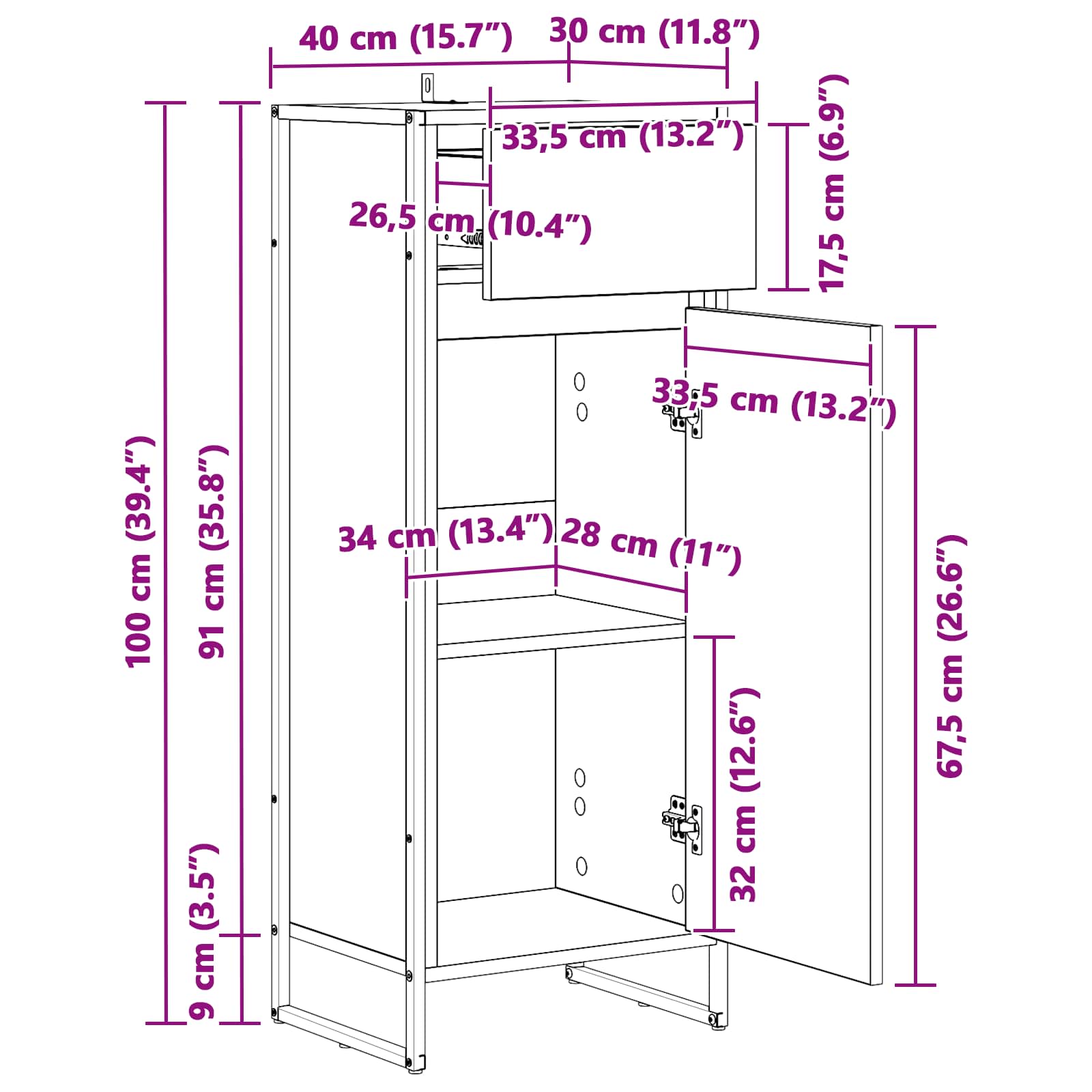 Badkamer Kast Zwart Eiken 40 x 30 x 100 cm Bewerkt hout