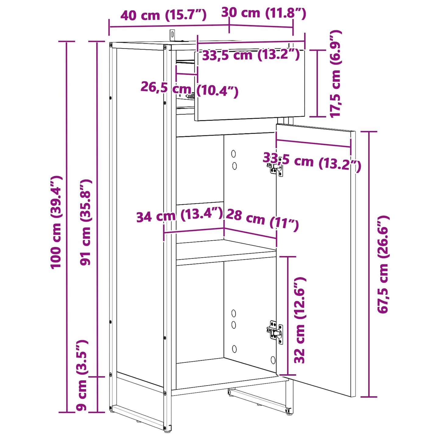 Badkamer Kast met lade Sonoma 40 x 30 x 100 cm Bewerkt hout