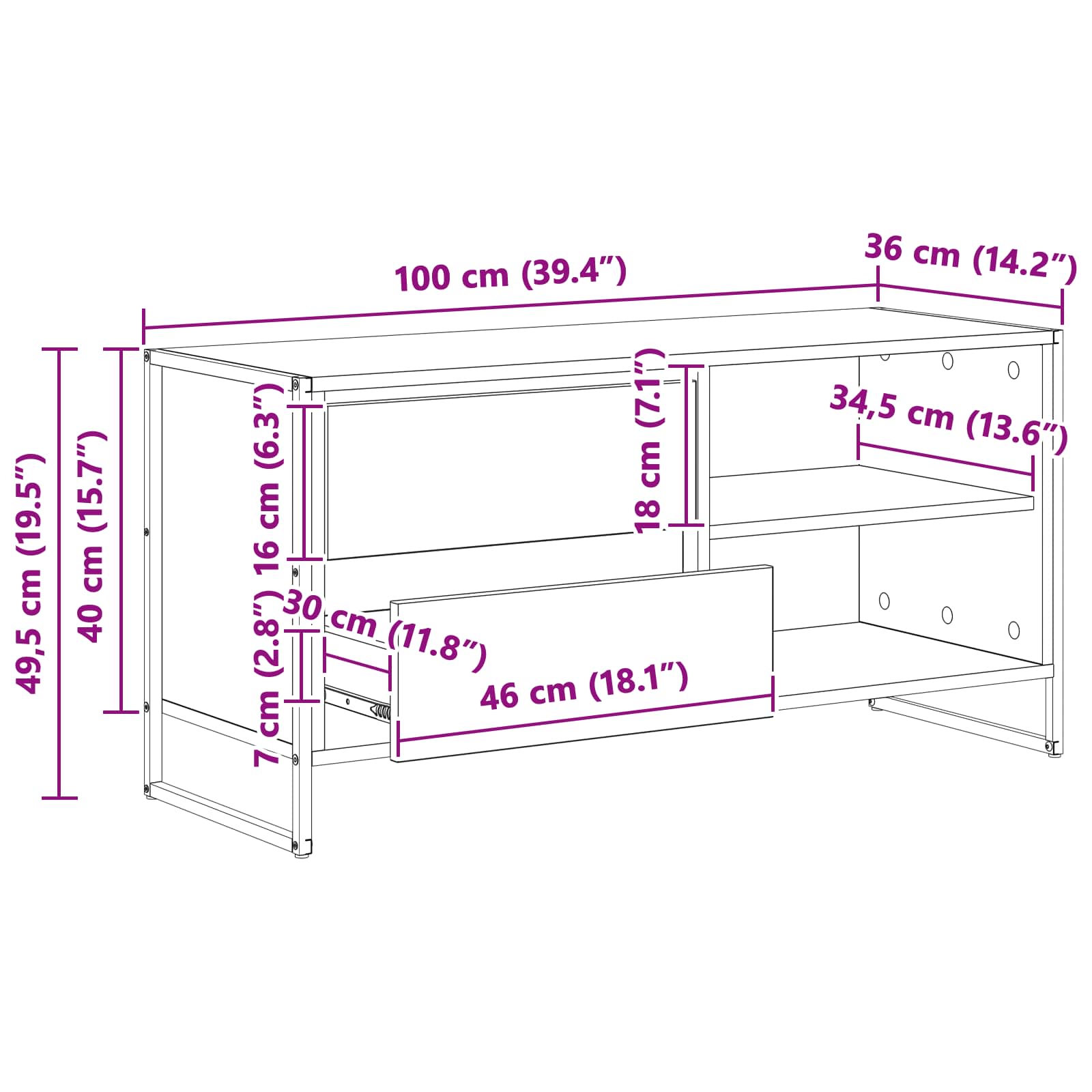 TV-kast met lade Zwart Eiken 100 x 36 x 49,5 cm Bewerkt hout