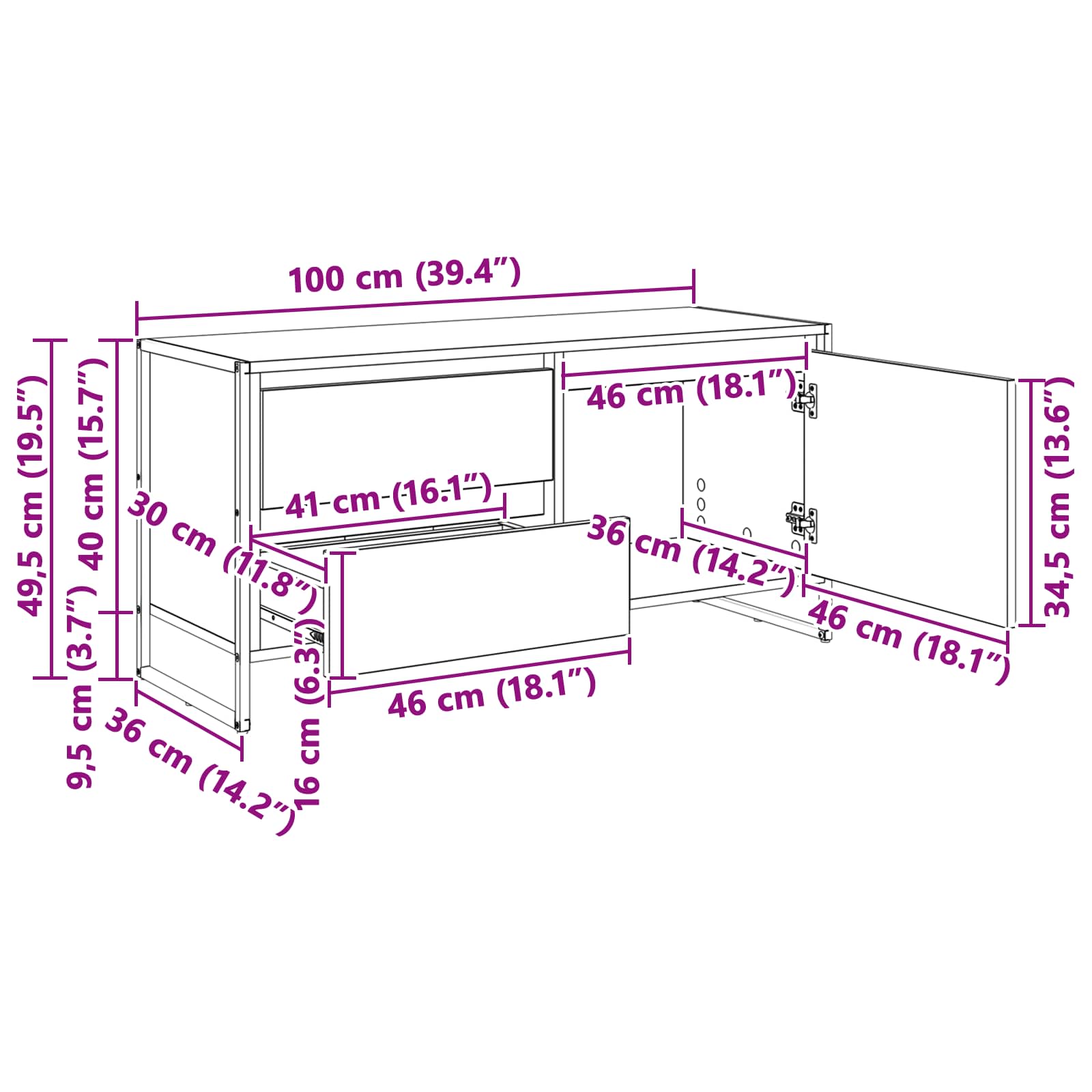 TV-kast met lade Rook Eik 100 x 36 x 49.5 cm Bewerkt hout