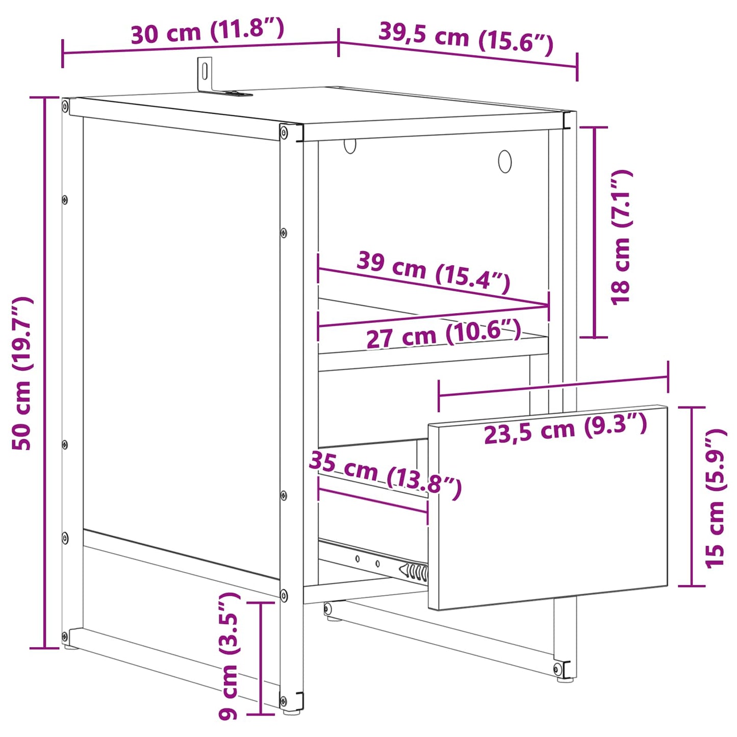 Nachtkastje met lade Rook Eik 39,5 x 30 x 50 cm Bewerkt hout