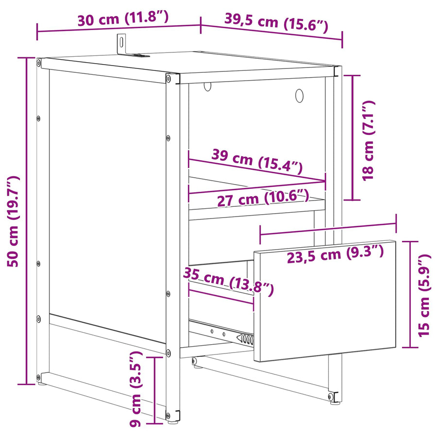 Nachtkastje met lade Rook Eik 39,5 x 30 x 50 cm Bewerkt hout