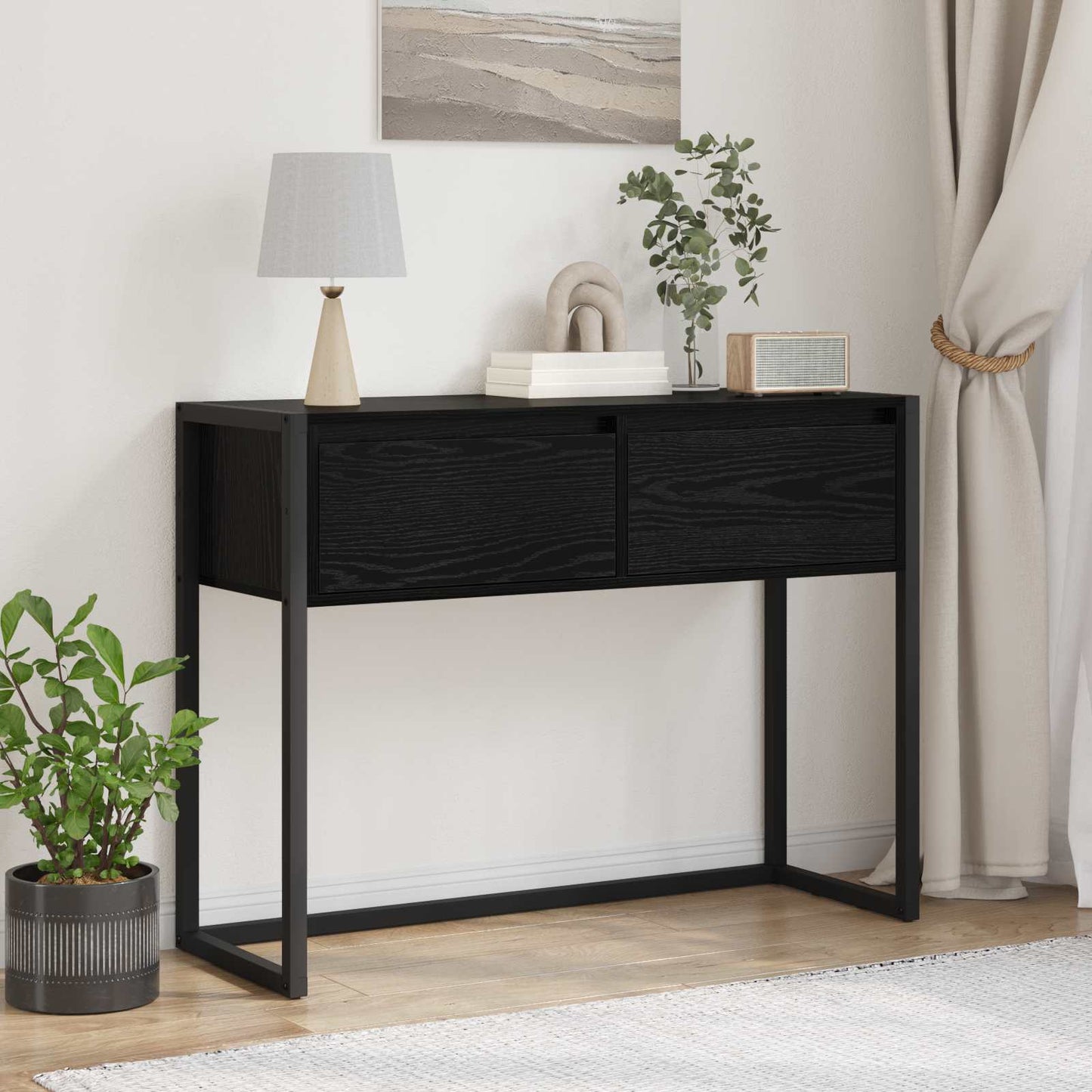 Bijzettafel met lade Zwart Eiken 100 x 36 x 75 cm Bewerkt hout