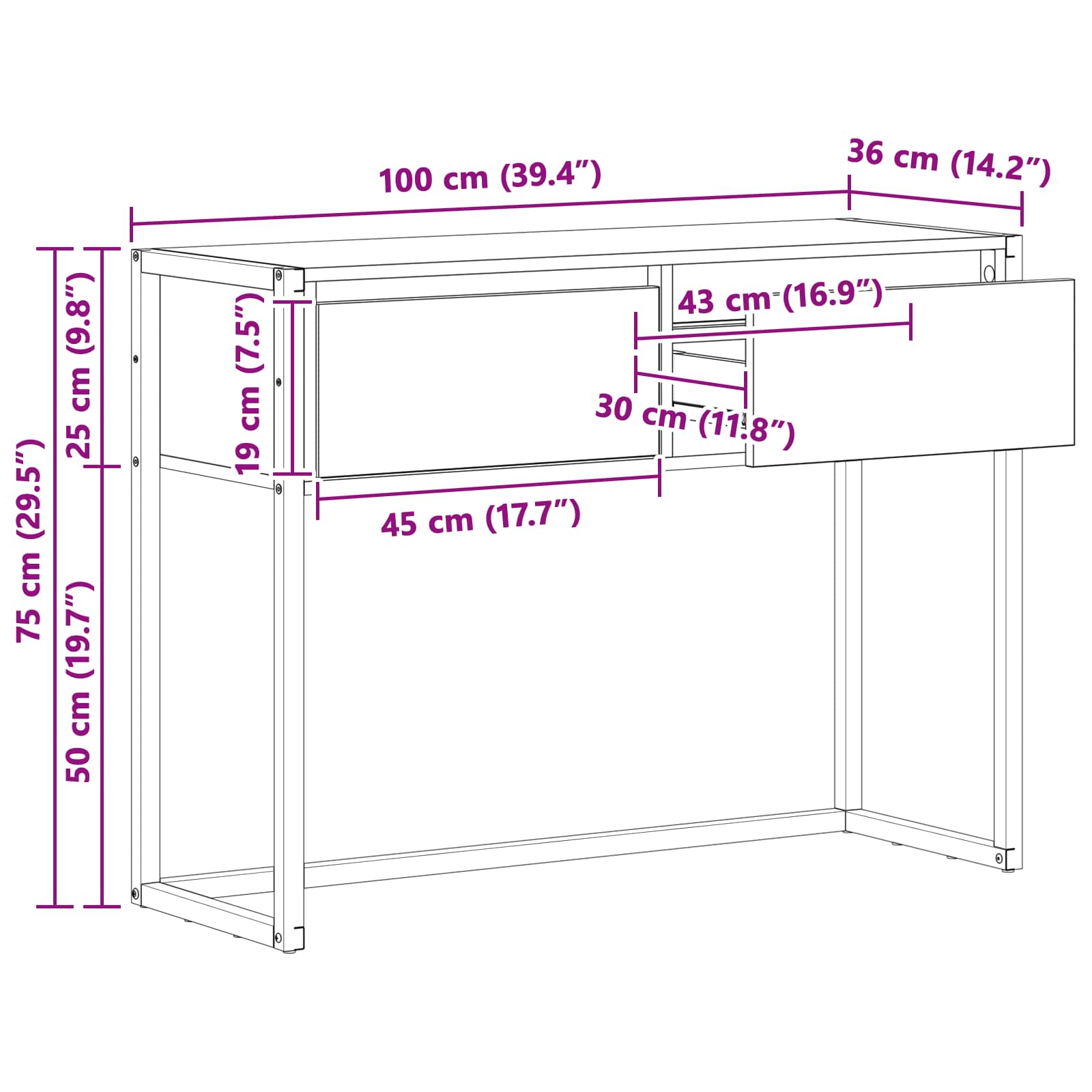 Bijzettafel met lade Zwart Eiken 100 x 36 x 75 cm Bewerkt hout